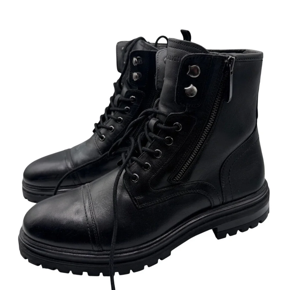 Pat Calvin Mens Black Leather Combat Boots Side Zip Cap Toe Lug Sole EU 43 US 10